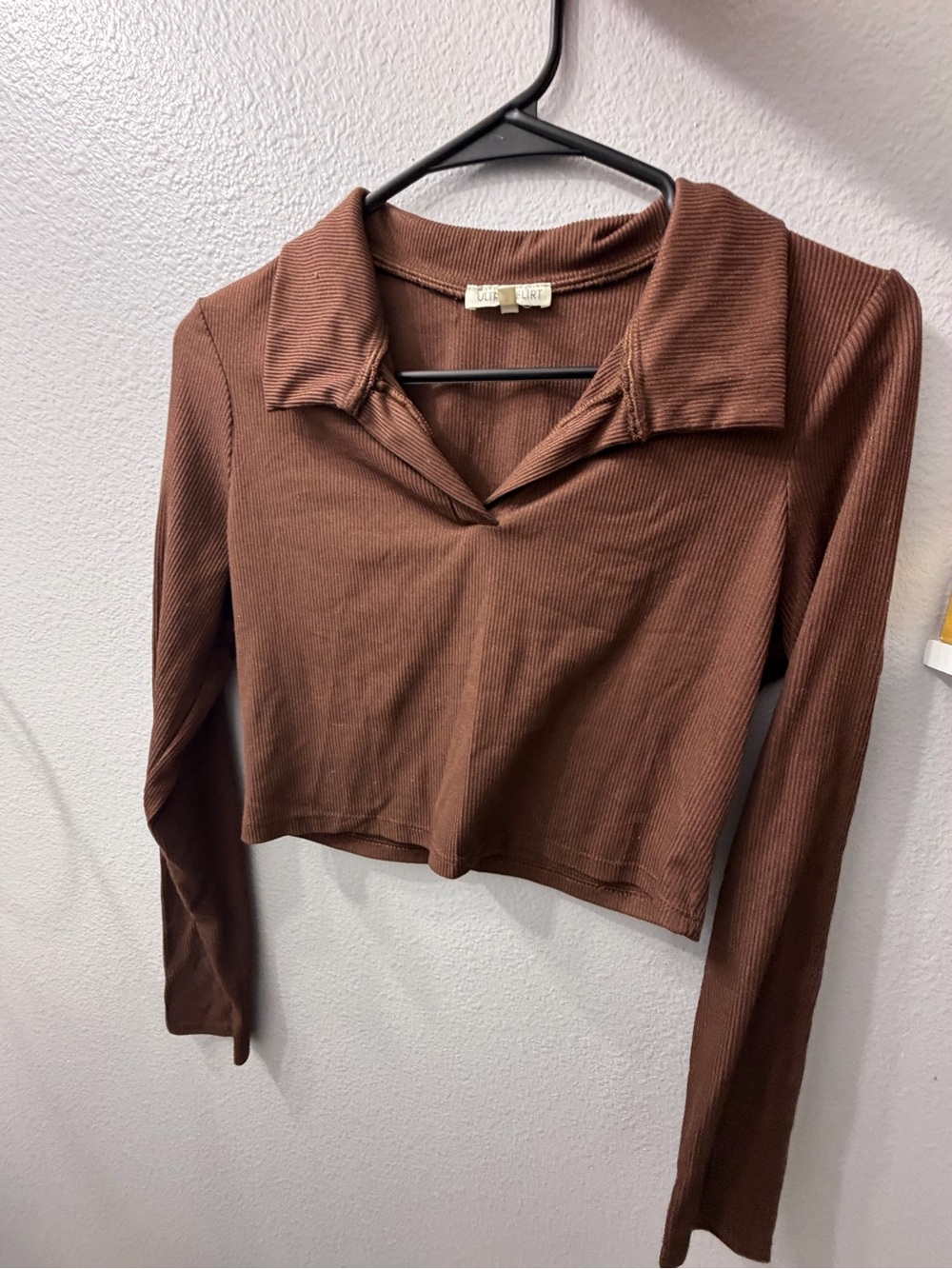 Ultra Flirt Brown Ribbed Long-Sleeve Polo Crop Top